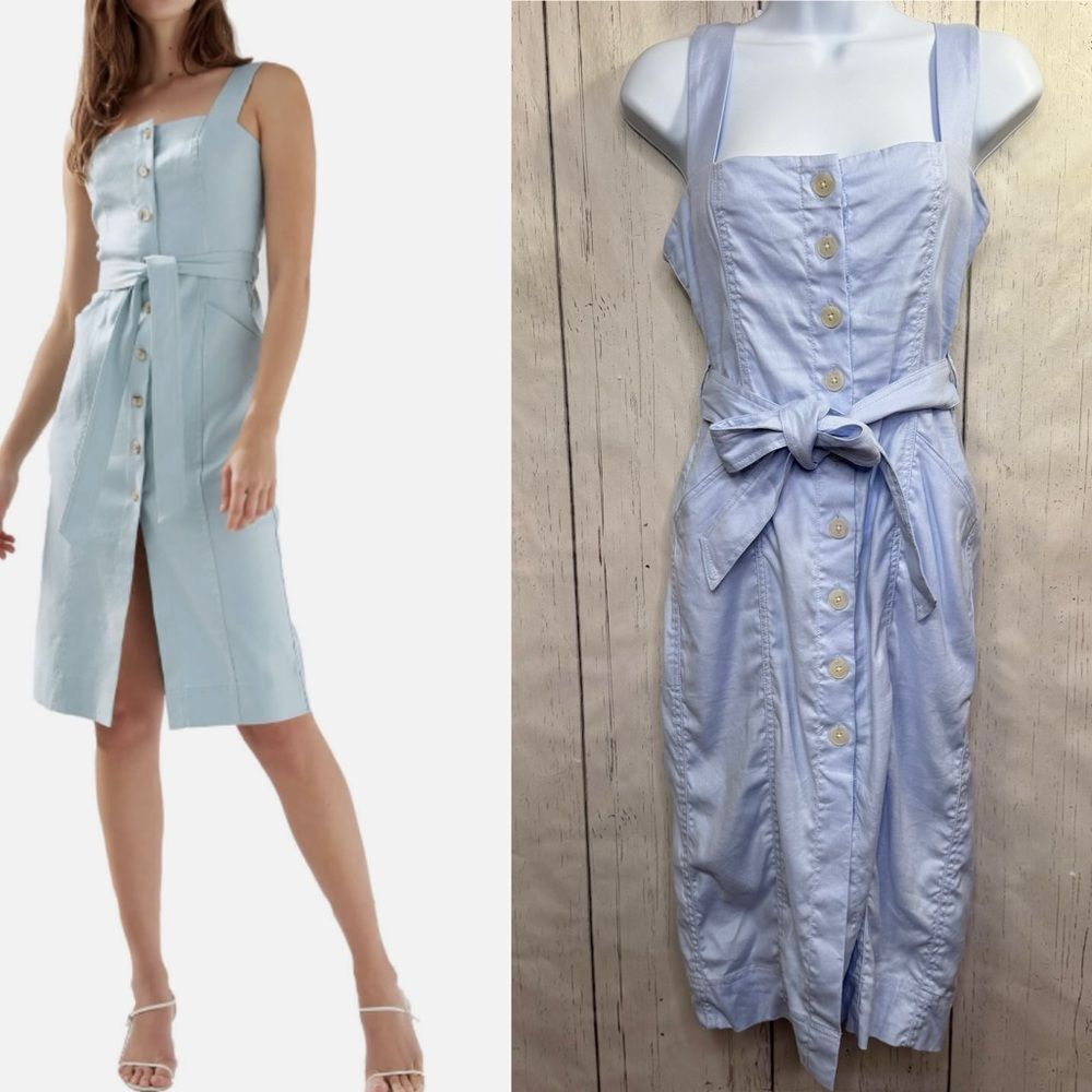 Babaton Aritzia Linen Blend Button Front Belted Midi Dress Blue Minimalist Chic